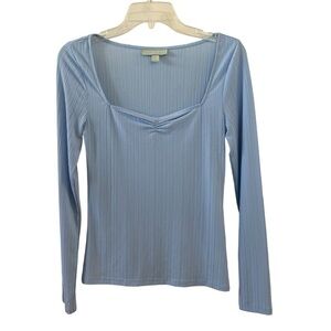 Blue Ribbed Scoop Neck Long Sleeve Blouse